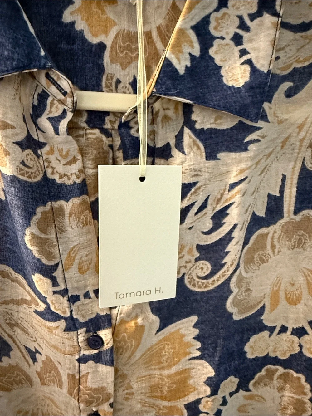 Tamara H. Navy Blue Shirt with Gold and Cream Floral Print, NWTs